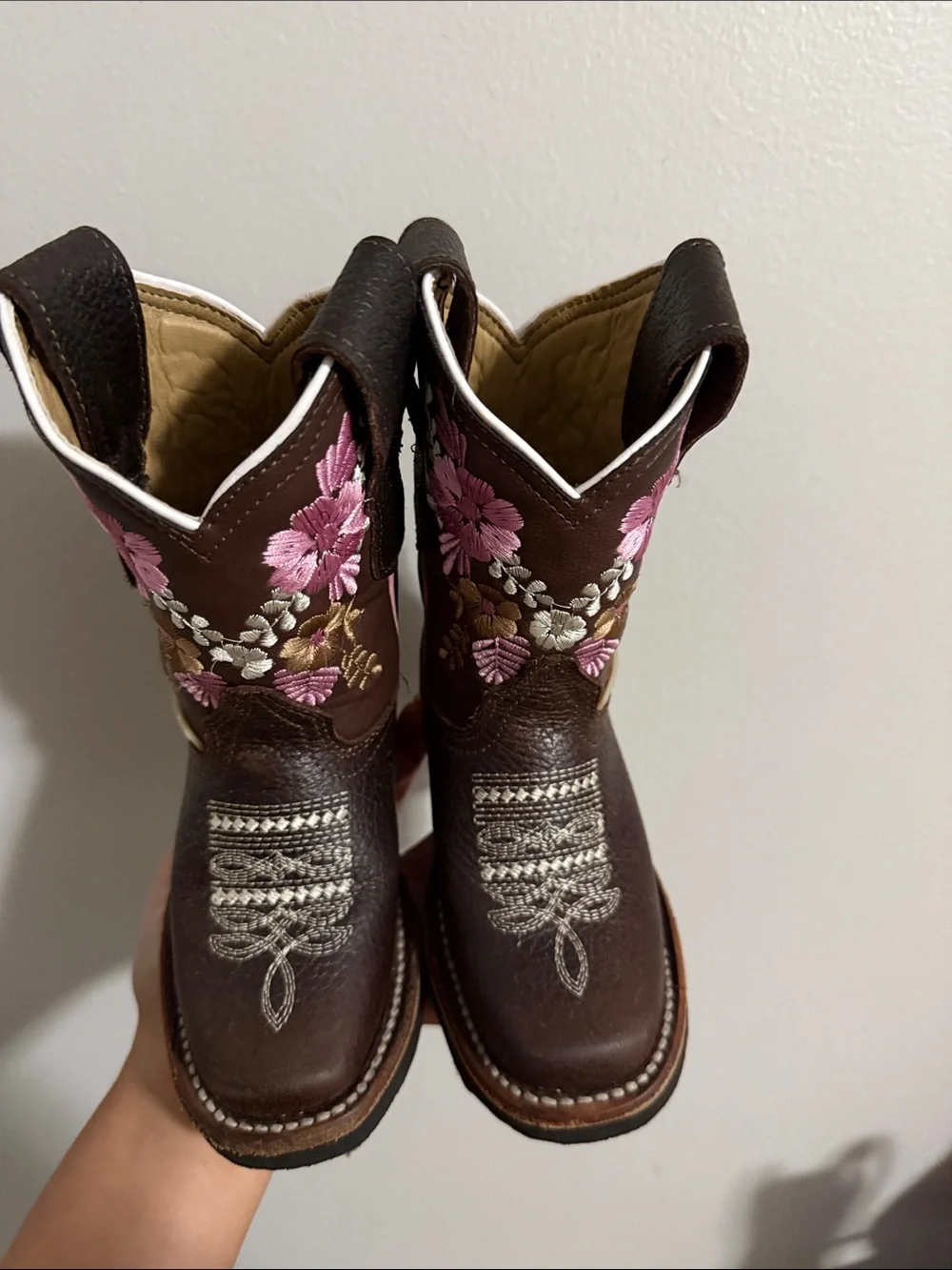 Girls' Brown Leather Western Boots with Pink Floral Embroidery